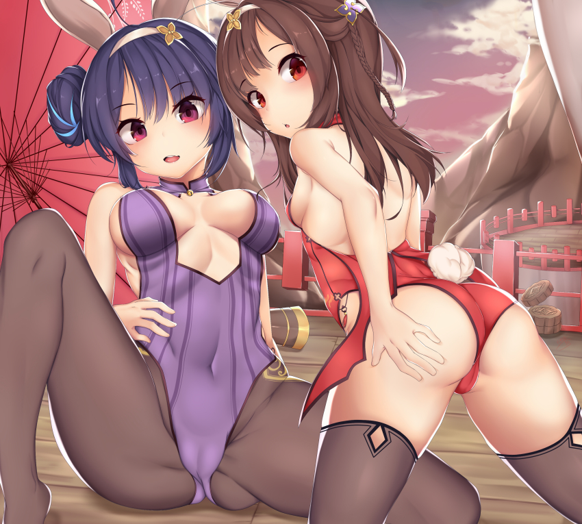 2girls, absurdres, animal_ears, ass, azur_lane, backless_leotard, bare_arms, bare_shoulders