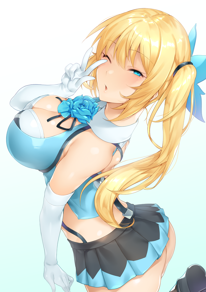 1girl, 7zu7, ass, bare_shoulders, blonde_hair, blue_eyes, blue_flower, blue_rose