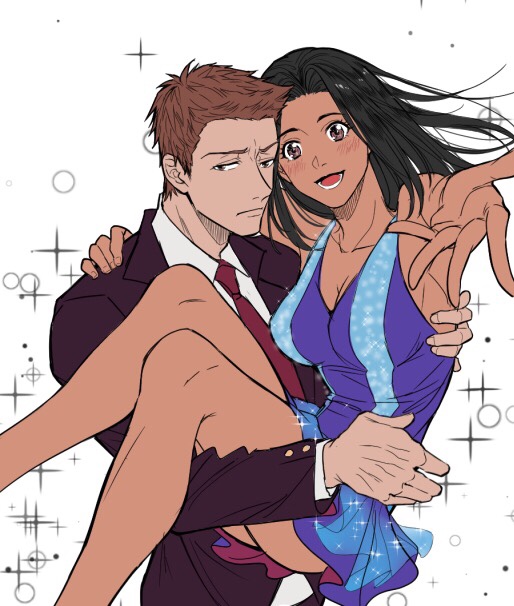 1boy, 1girl, al_(ahr), alternate_eye_color, black_hair, brother_and_sister, brown_eyes, brown_hair, carrying, dark_skin, dark-skinned_male, dress, formal_clothes, hand_on_another's_shoulder, michele_crispino, necktie, open_mouth, princess_carry, sara_crispino, siblings, smile, sparkle, suit, twins, yuri!!!_on_ice