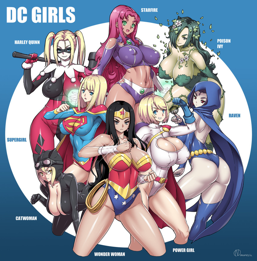 6+girls, animal_hood, ass, batman_(series), bracer, breasts, cat_hood, catwoman