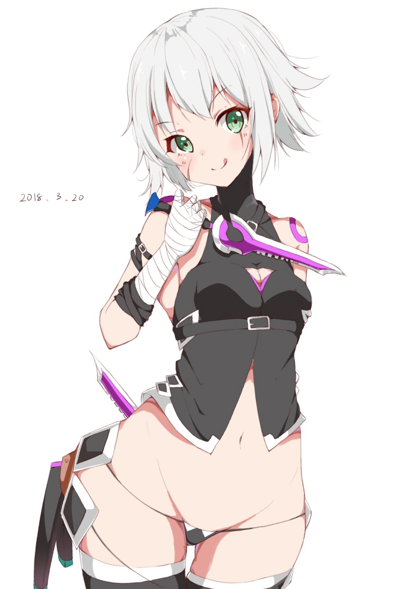 1girl, :q, arm_behind_back, arm_belt, bandaged_arm, bandages, bare_shoulders, belt