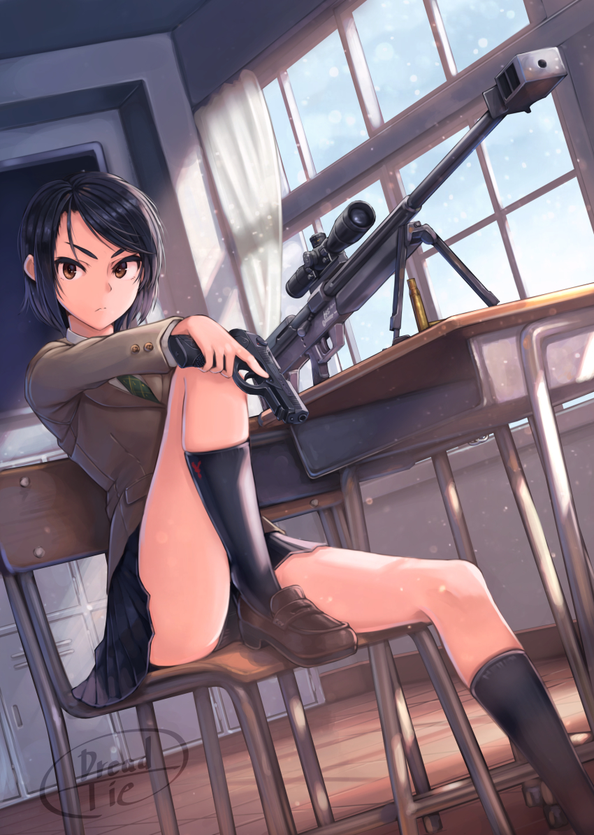 1girl, absurdres, anti-materiel_rifle, artist_name, bad_id, bad_pixiv_id, barrett_m82, beretta_92
