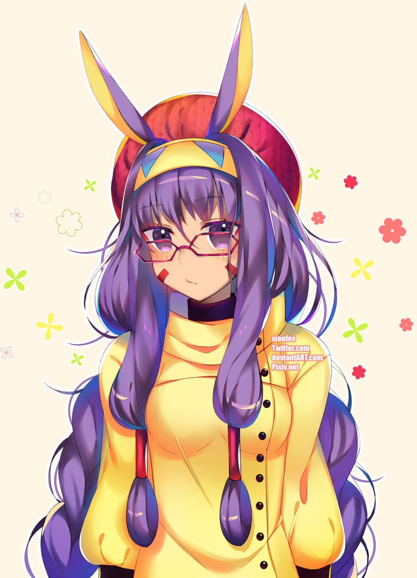 1girl, animal_ears, blush, breasts, closed_mouth, dark-skinned_female, dark_skin, fate/grand_order, fate_(series), female_focus, glasses, hairband, highres, long_hair, looking_at_viewer, medium_breasts, nitocris_(fate), nitocris_(winter_thanksgiving_festival)_(fate), purple_eyes, purple_hair, rabbit_ears, solo, type-moon, very_long_hair, xionfes