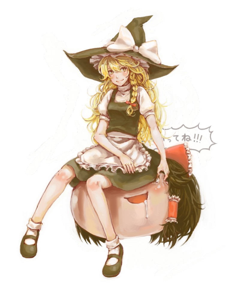 1girl, bad_id, bad_pixiv_id, blonde_hair, braid, cheek_pinching, female_focus, hakurei_reimu, inu_(wankosan), kirisame_marisa, pinching, saliva, sitting, sitting_on_face, sitting_on_person, solo, touhou, yukkuri_shiteitte_ne
