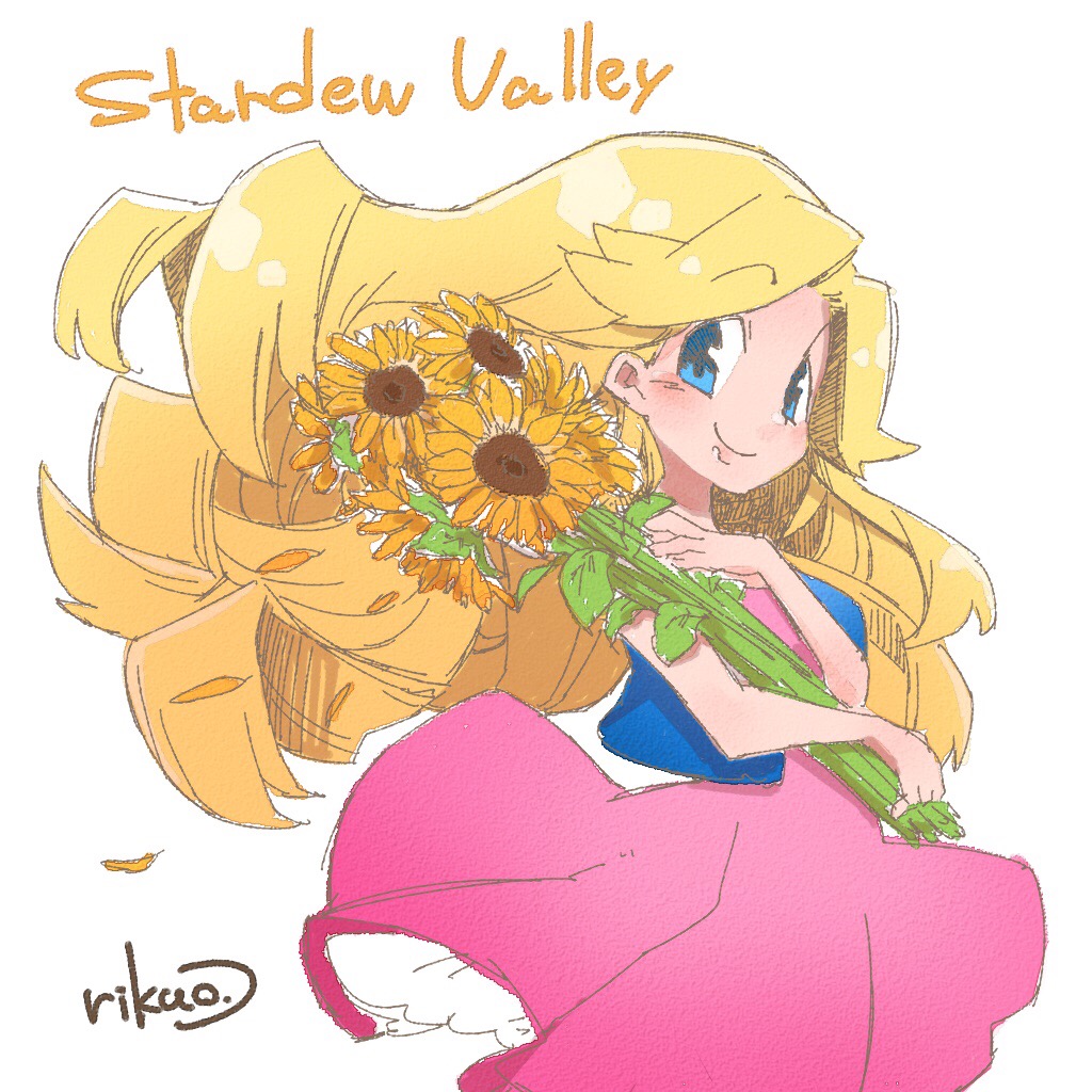 1girl, bare_arms, blonde_hair, blue_eyes, blue_vest, blush, closed_mouth, copyright_name