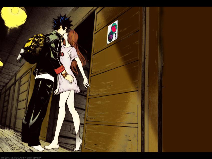 00s, 1boy, 1girl, air_gear, backpack, bag, barefoot, black_hair