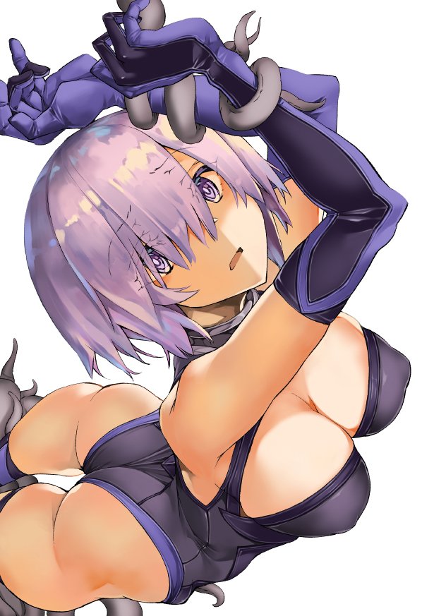 1girl, arched_back, armpits, ass, black_thighhighs, breasts, cleavage, cleavage_cutout, clothing_cutout, colored_eyelashes, covered_erect_nipples, cowboy_shot, elbow_gloves, eyes_visible_through_hair, fate/grand_order, fate_(series), female_focus, foreshortening, from_above, from_side, gloves, hair_over_one_eye, halterneck, leotard, light_purple_hair, looking_at_viewer, mash_kyrielight, medium_breasts, parted_bangs, purple_eyes, purple_gloves, purple_hair, raised_eyebrows, short_hair, simple_background, skin_tight, solo, standing, tentacles, thigh_strap, thighhighs, white_background, zutta