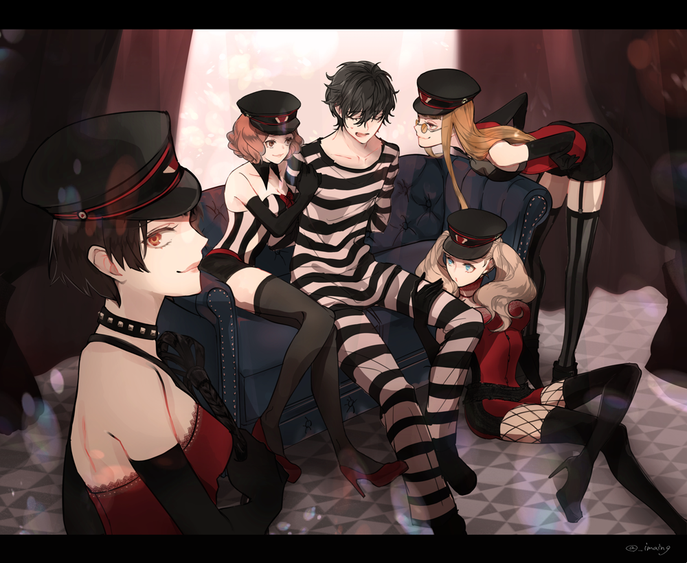 10s, 1boy, 4girls, alternate_costume, amamiya_ren, arm_up, black_gloves, black_hair, blonde_hair, brown_hair, corset, elbow_gloves, fishnets, gloves, harem, hat, hugging_another's_leg, letterboxed, looking_at_viewer, multiple_girls, niijima_makoto, okumura_haru, persona, persona_5, persona_5:_dancing_star_night, persona_dancing, prison_clothes, sakura_futaba, shinsuke_(moccori), short_shorts, shorts, sitting, smile, takamaki_anne, whip