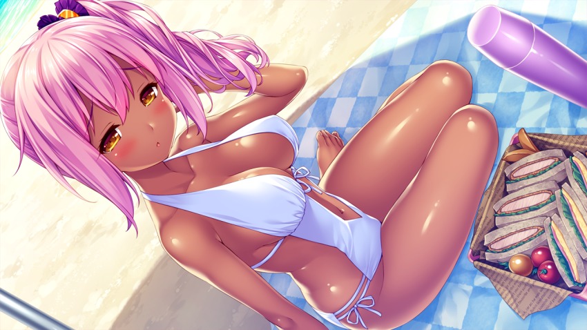 1girl, blush, breasts, dark-skinned_female, dark_skin, ema_(tropical_liquor), female_focus, game_cg, hair_ornament, long_hair, one-piece_swimsuit, pink_hair, sayori_(neko_works), shiny_skin, solo, swimsuit, tropical_liquor, white_one-piece_swimsuit, yellow_eyes