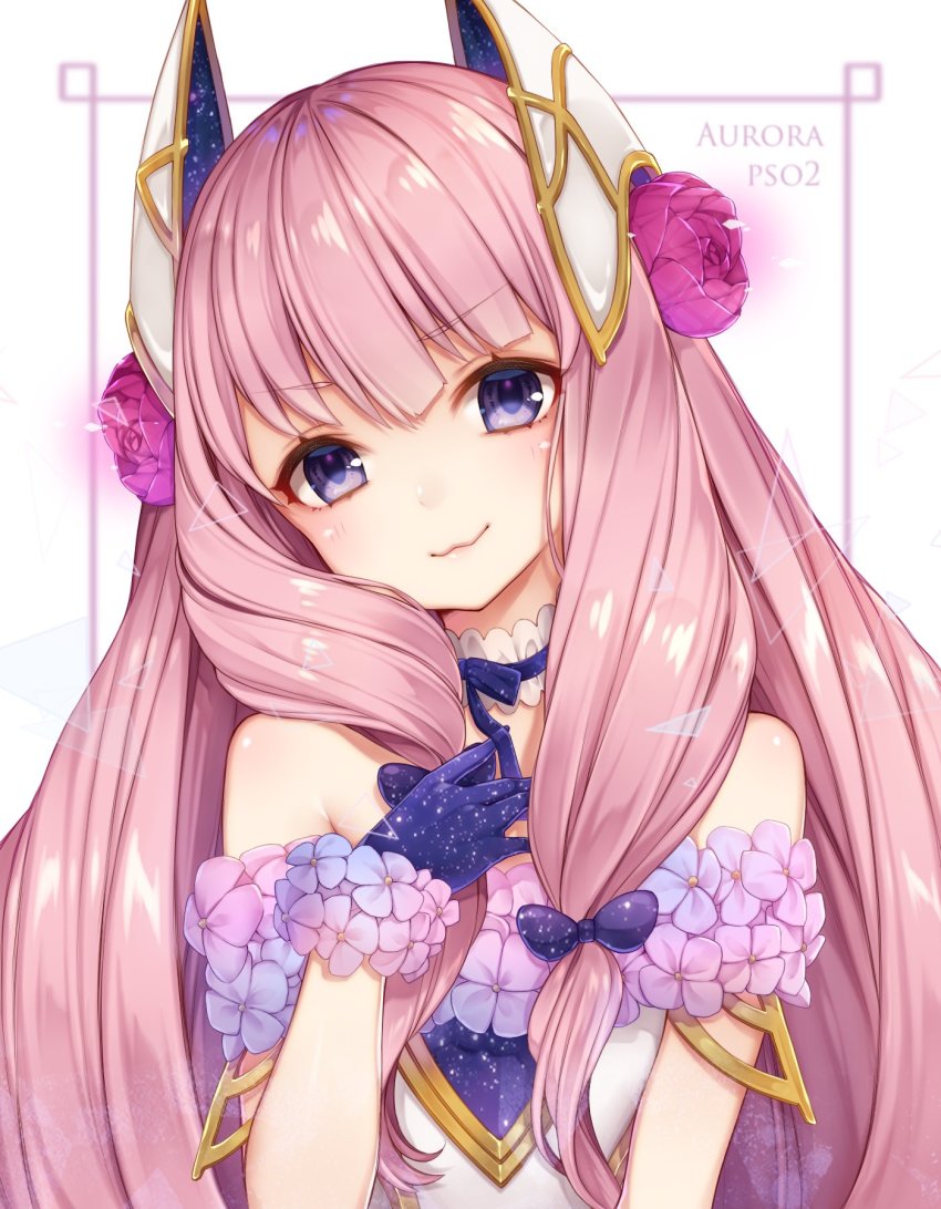 1girl, :3, absurdly_long_hair, aurora_(pso2), bare_shoulders, big_hair, blue_gloves, blue_ribbon