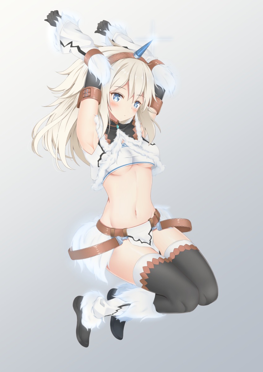 1girl, armpits, arms_up, belt, blue_eyes, blush, boots, breasts