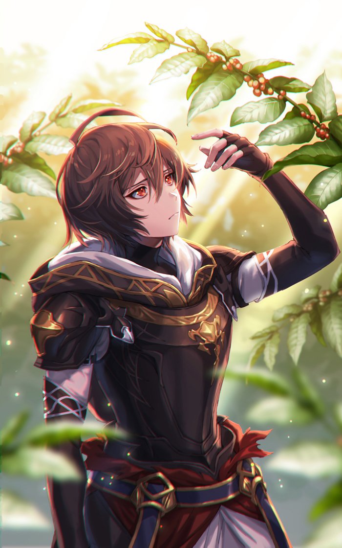 1boy, ahoge, armor, brown_hair, cocodar, coffee_tree, fingerless_gloves, gloves, granblue_fantasy, hood, hood_down, male_focus, red_eyes, sandalphon_(granblue_fantasy), short_hair, solo