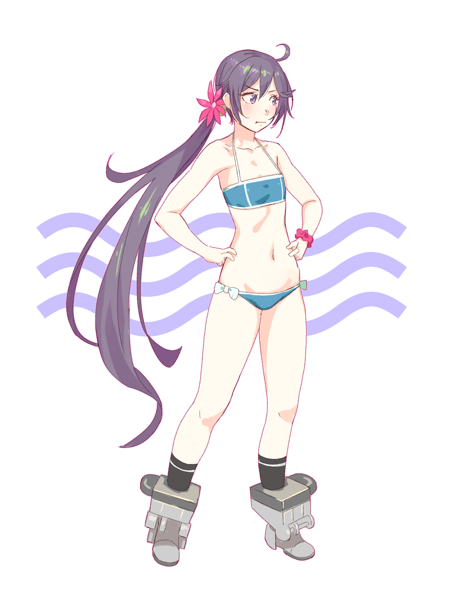 1girl, ahoge, akebono_(kancolle), akebono_(pm_swimsuit)_(kancolle), bell, bikini, black_socks, blue_bikini