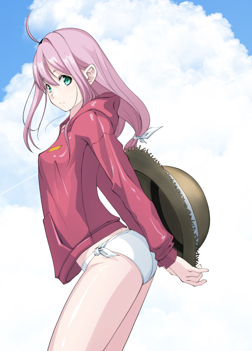 1girl, ahoge, aqua_eyes, bikini, bikini_bottom_only, blue_sky, bow, breasts, closed_mouth, cloud, commentary, contrail, day, female_focus, hair_bow, hat, highres, hood, hoodie, kagamihara_nadeshiko, large_breasts, long_hair, looking_at_viewer, outdoors, pink_hair, red_hoodie, sky, solo, sun_hat, swimsuit, tomcat, white_bikini, white_bow, yurucamp