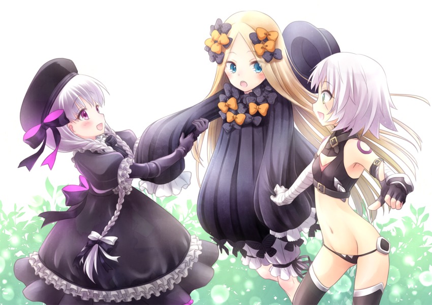 10s, 3girls, :d, abigail_williams_(fate), abigail_williams_(first_ascension)_(fate), arm_grab, bandaged_arm, bandages, bare_shoulders, beret, black_bow, black_dress, black_gloves, black_hat, black_legwear, black_panties, black_shirt, blonde_hair, bloomers, blue_eyes, blush, bow, braid, breasts, bug, butterfly, clothes_grab, commentary_request, doll_joints, dress, elbow_gloves, fate/extra, fate/grand_order, fate_(series), fingerless_gloves, frilled_dress, frilled_sleeves, frills, gloves, green_eyes, hair_bow, hat, houwasekai, insect, jack_the_ripper_(fate/apocrypha), joints, long_hair, long_sleeves, low_twintails, multiple_girls, navel, nursery_rhyme_(fate), open_mouth, orange_bow, panties, parted_bangs, pointing, polka_dot, polka_dot_bow, profile, puffy_short_sleeves, puffy_sleeves, purple_eyes, scar, scar_across_eye, scar_on_face, shirt, short_sleeves, shoulder_tattoo, silver_hair, single_fingerless_glove, single_glove, grabbing_another's_sleeve, sleeveless, sleeveless_shirt, sleeves_past_fingers, sleeves_past_wrists, small_breasts, smile, tattoo, teeth, thighhighs, twin_braids, twintails, underwear, unworn_hat, unworn_headwear, upper_teeth_only, very_long_hair, white_bloomers, white_bow