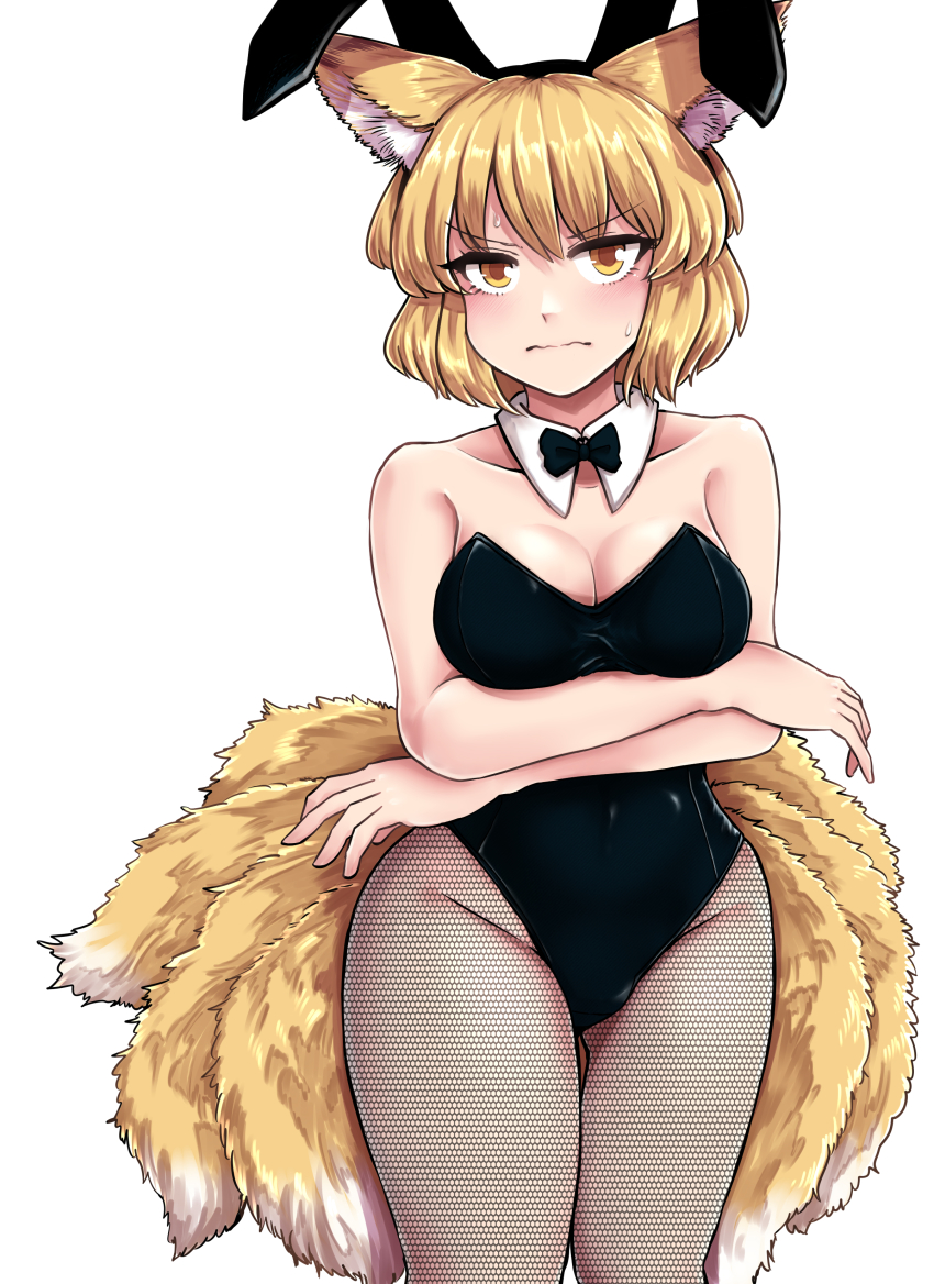 1girl, absurdres, animal_ears, black_bow, black_bowtie, black_leotard, blonde_hair, bow, bowtie, breasts, cleavage, collarbone, commentary_request, cowboy_shot, detached_collar, fake_animal_ears, female_focus, fishnet_pantyhose, fishnets, fox_ears, fox_tail, highres, leotard, looking_at_viewer, medium_breasts, pantyhose, playboy_bunny, rabbit_ears, short_hair, simple_background, solo, standing, strapless, strapless_leotard, tail, toluda, touhou, wavy_mouth, white_background, wrist_cuffs, yakumo_ran, yellow_eyes