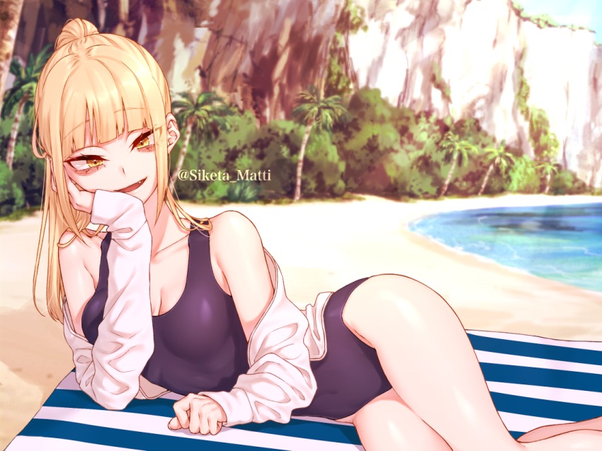 10s, 1girl, bad_id, bad_pixiv_id, bags_under_eyes, beach, blonde_hair, blunt_bangs