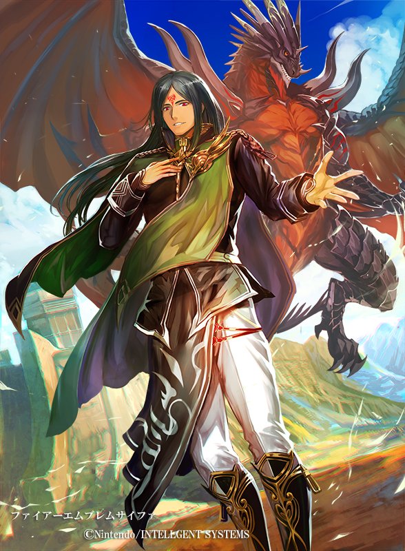 1boy, bat_wings, boots, cape, cherokee_(1021tonii), dark-skinned_male, dark_skin, dragon, dragon_tail, facial_mark, fire_emblem, fire_emblem:_radiant_dawn, fire_emblem_cipher, forehead_mark, green_hair, long_hair, male_focus, nintendo, official_art, rajaion_(fire_emblem), red_eyes, sky, solo, tail, teeth, wings