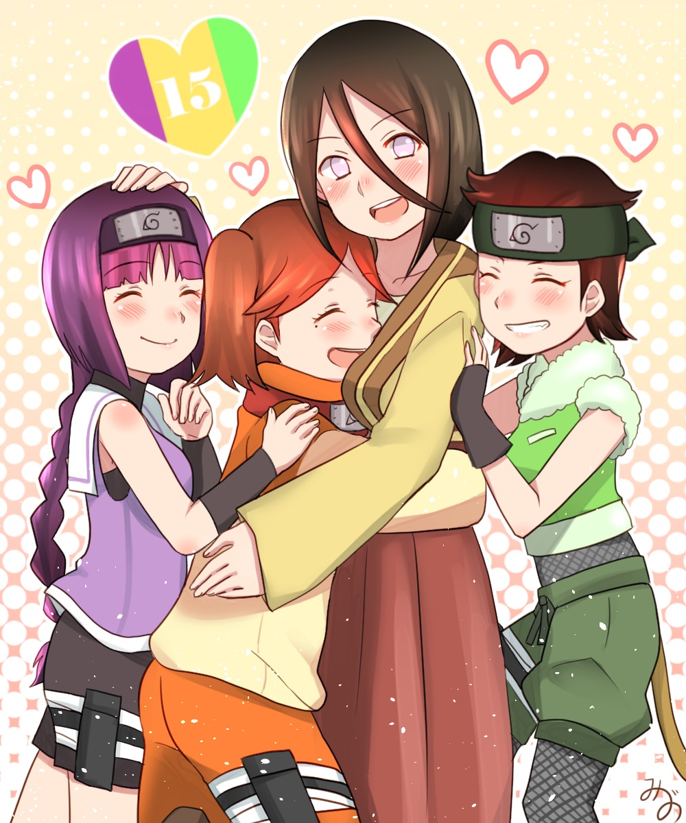 10s, 4girls, blue_w_moon, blush, boruto:_naruto_next_generations, brown_hair, closed_eyes, forehead_protector, grin, group_hug, heart, highres, hug, hyuuga_hanabi, izuno_wasabi, kakei_sumire, long_hair, looking_at_viewer, mole, mole_under_eye, multiple_girls, naruto_(classic), naruto_(series), purple_eyes, purple_hair, short_hair, smile, suzumeno_namida, twintails