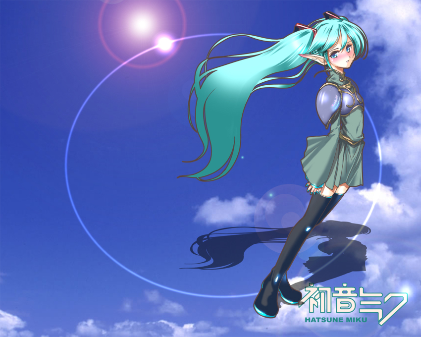 blush, cosplay, deedlit, deedlit_(cosplay), green_eyes, green_hair, hatsune_miku, lens_flare