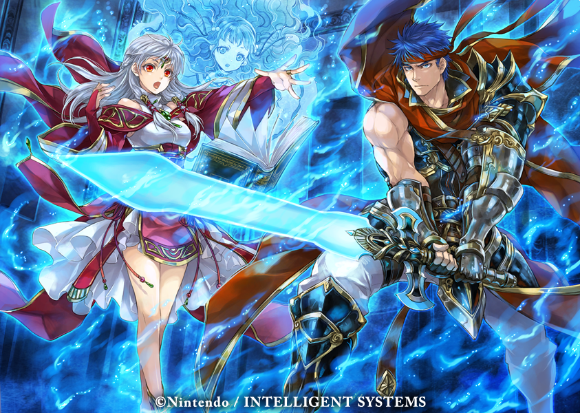 1boy, 1girl, armor, armored_boots, bangle, bare_shoulders, blue_fire, book