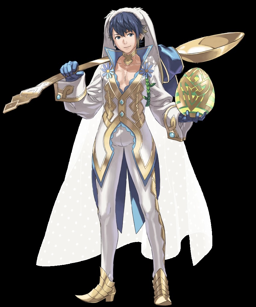 1boy, alfonse_(fire_emblem), alfonse_(spring_prince)_(fire_emblem), animal_ears, animal_hat, blue_gloves, blue_hair, easter_egg