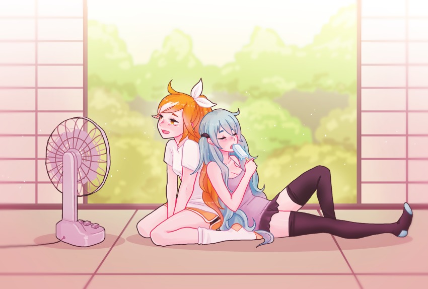 2girls, :o, ahoge, back-to-back, black_legwear, black_skirt, blue_hair, blush, bow, breasts, bush, chestnut_mouth, cleavage, closed_eyes, commentary, commentary_request, crunchyroll, day, electric_fan, fanning_face, food, from_side, full_body, grey_shirt, hair_bow, hand_fan, hatsune_miku, highres, hime_(crunchyroll), holding, hot, indoors, leaning_on_person, leg_up, long_hair, miniskirt, multicolored_hair, multiple_girls, no_pupils, no_shoes, nose_blush, open_mouth, orange_hair, orange_shorts, popsicle, round_teeth, shari_cote, shirt, short_sleeves, shorts, skirt, small_breasts, socks, streaked_hair, summer, sunlight, teeth, thighhighs, twintails, v_arms, very_long_hair, vocaloid, white_bow, white_legwear, white_shirt, zettai_ryouiki