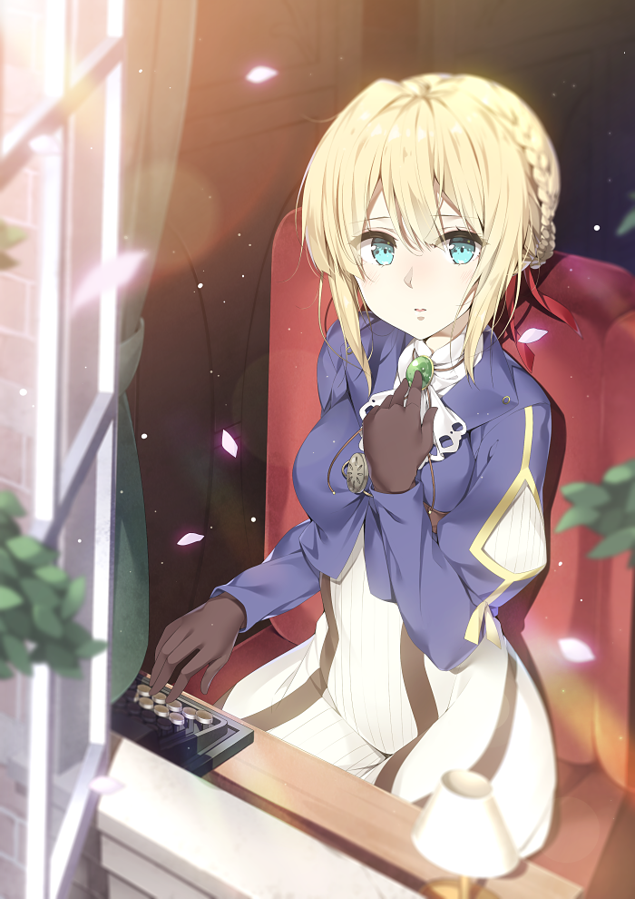 10s, 1girl, black_gloves, blonde_hair, blue_eyes, blue_jacket, braid, breasts