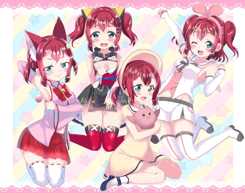 4girls, :>, alternate_hairstyle, animal, animal_ears, ankle_strap, aqua_eyes, arm_behind_back, arm_warmers, armpits, bell, bird, black_footwear, blush, blush_stickers, bonnet, border, bow, bowtie, candy, cat_ears, cleavage_cutout, clothing_cutout, commentary_request, cosplay, covering_breasts, covering_privates, d-pad, d-pad_hair_ornament, detached_sleeves, dress, food, hair_ornament, headband, highres, holding, holding_animal, holding_bird, jingle_bell, kaguya_luna, kaguya_luna_(character), kaguya_luna_(character)_(cosplay), kemomimi_oukoku_kokuei_housou, kizuna_ai, kizuna_ai_(1st_costume), kizuna_ai_(cosplay), kizuna_ai_inc., kurosawa_ruby, lace, lace_border, lollipop, looking_at_viewer, love_live!, love_live!_sunshine!!, mikoko_(kemomimi_oukoku_kokuei_housou), mikoko_(kemomimi_oukoku_kokuei_housou)_(cosplay), mochi_hiyo, mochi_hiyo_(cosplay), multiple_girls, multiple_persona, ornate_border, pleated_skirt, red_hair, red_neckwear, red_skirt, ribbon-trimmed_legwear, ribbon_trim, rinne_(mizunosato), sailor_collar, skirt, socks, star_(symbol), star_symbol_background, striped_background, striped_bow, striped_bowtie, striped_clothes, striped_neckwear, the_moon_studio, thighhighs, twintails, two_side_up, v-shaped_eyebrows, vertical_stripes, virtual_youtuber, white_legwear, wrist_cuffs, yellow_dress