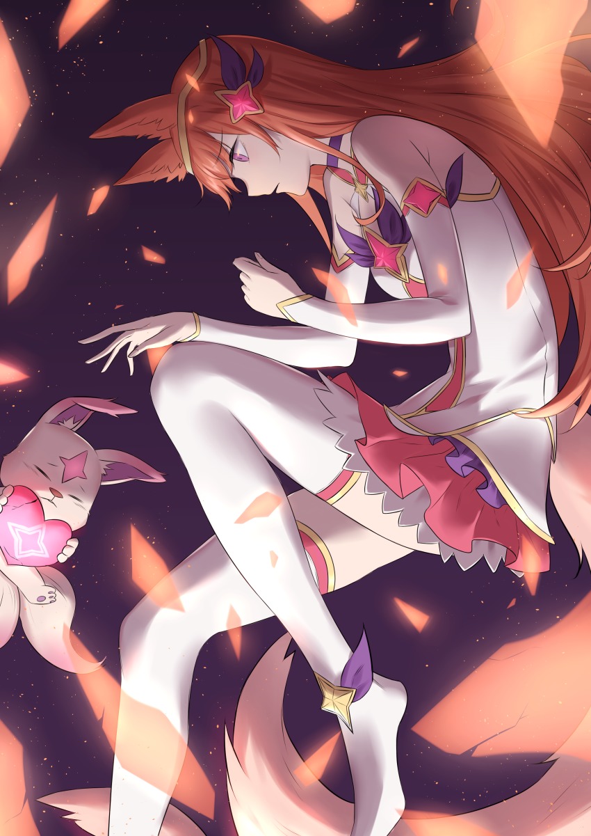 1girl, absurdres, ahri_(league_of_legends), animal_ears, detached_sleeves, female_focus, fox_ears, fox_tail