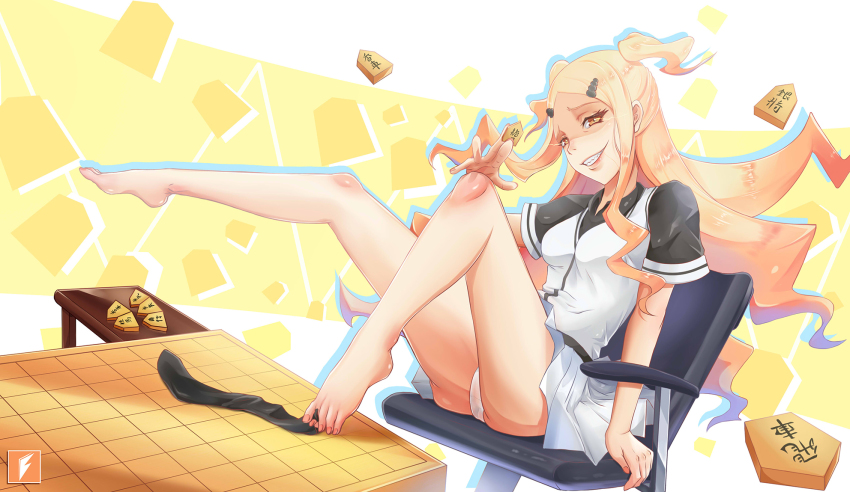 10s, 1girl, barefoot, between_toes, blonde_hair, board_game, breasts, chair, feet, female_focus, full_body, grin, hair_ornament, highres, knees_up, long_hair, looking_at_viewer, medium_breasts, no_shoes, panties, pantyshot, plantar_flexion, ryuuou_no_oshigoto!, sainokami_ika, sharp_teeth, shogi, short_twintails, sitting, skirt, smile, socks, solo, symbol-shaped_pupils, teeth, teng_zhai_zi, toes, twintails, two_side_up, underwear, unworn_socks, watermark, white_skirt, yellow_eyes