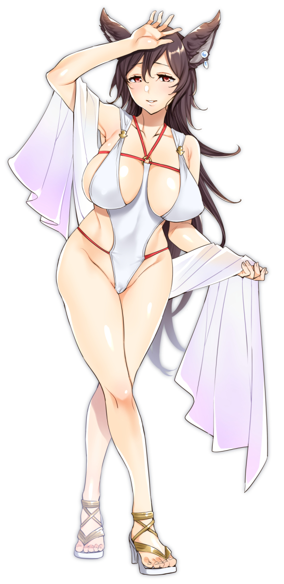 1girl, animal_ears, arm_up, bare_shoulders, black_hair, blush, breasts, collarbone, earrings, emua, erune, female_focus, granblue_fantasy, hair_between_eyes, high_heel_sandals, high_heels, highleg, highleg_one-piece_swimsuit, highres, hip_focus, ilsa34660285, jewelry, large_breasts, legs, long_hair, o-ring, one-piece_swimsuit, red_eyes, sandals, sash, simple_background, smile, solo, sweater, swimsuit, thighs, white_background, white_sweater