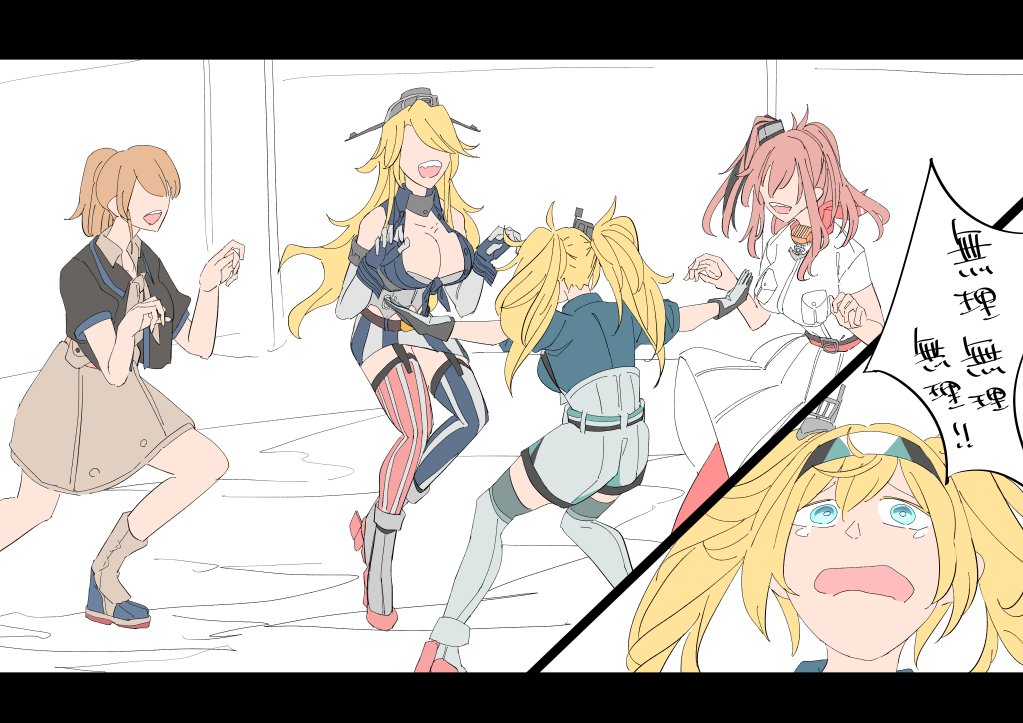 4girls, american_flag, american_flag_legwear, anchor, asymmetrical_legwear, belt, blonde_hair, blue_shirt