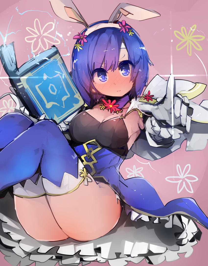 1girl, animal_ears, blue_eyes, blue_hair, blue_thighhighs, blush, book, catria_(fire_emblem)