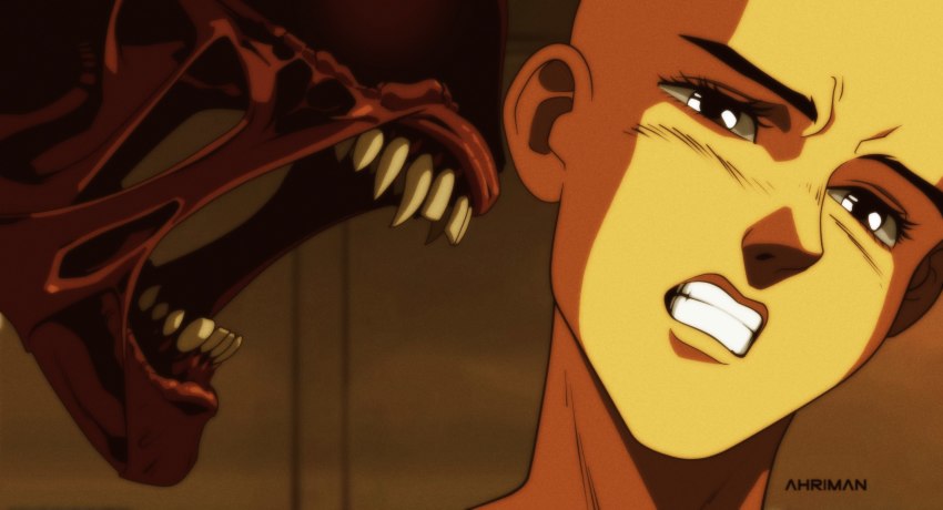 1girl, alien, alien_(series), alien_3, animification, artist_name, bald, bald_female