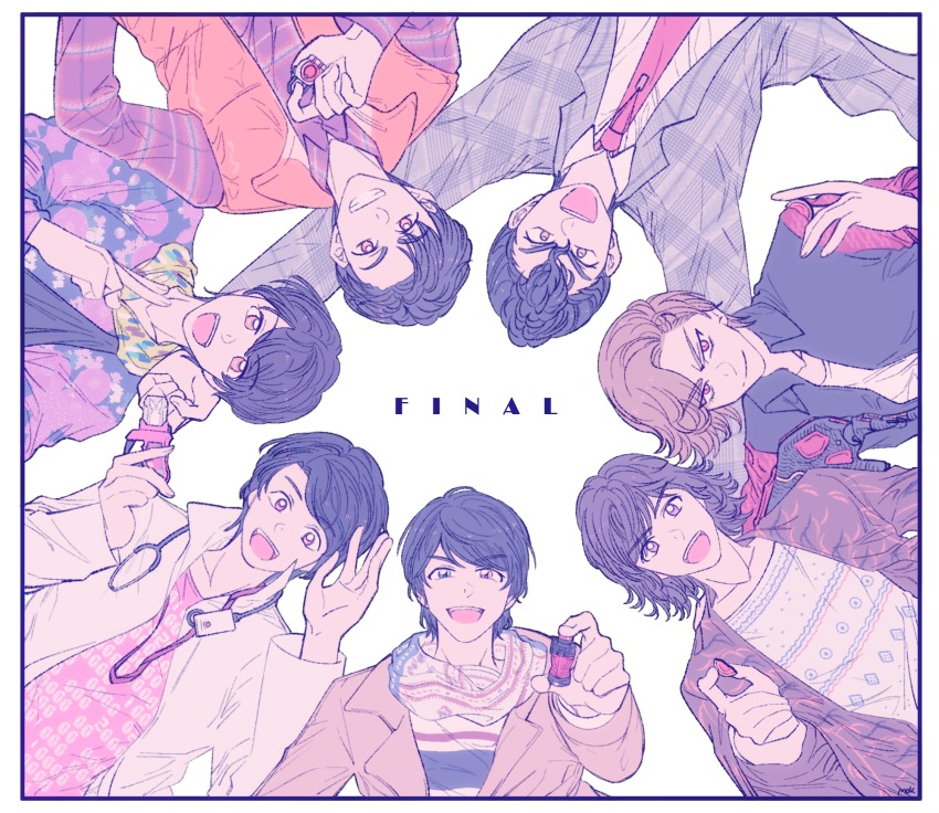 6+boys, ankh_(ooo), arms_up, black_border, black_hair, blonde_hair, border, circle_formation