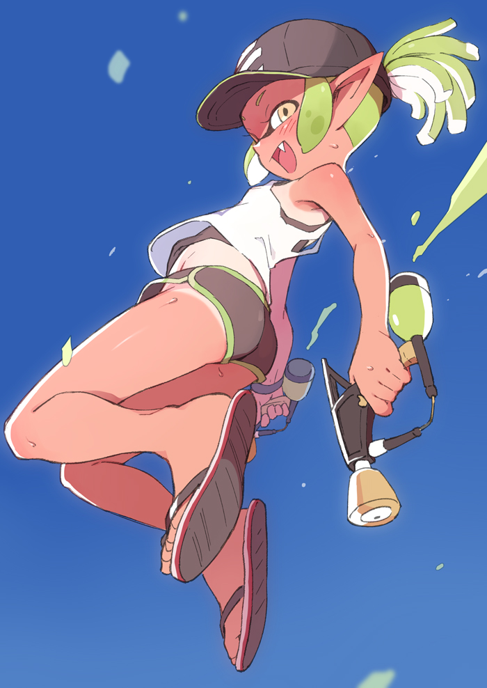 1girl, ass, baseball_cap, blue_sky, child, day, dolphin_shorts, fang, feet, female_focus, flip-flops, full_body, green_hair, hat, inkling, inkling_girl, inkling_player_character, looking_at_viewer, mask, micro_shorts, midair, mouth_mask, nintendo, one-piece_tan, open_mouth, pointy_ears, ponytail, sandals, short_shorts, shorts, sky, sleeveless, solo, splat_dualies_(splatoon), splatoon_(series), tan, tank_top, tanline, tentacle_hair, ter_(otokoter), toes, undershirt