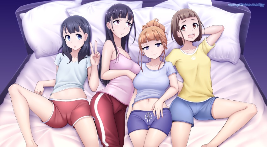 4girls, absurdres, bare_arms, bare_shoulders, bed, bed_frame, black_hair, blush, braid, breasts, brown_hair, cameltoe, closed_mouth, collarbone, crotch_seam, female_focus, geewhy, half-closed_eyes, highres, jitome, kobuchizawa_shirase, long_hair, looking_at_viewer, lying, medium_breasts, miyake_hinata, multiple_girls, navel, on_back, on_bed, on_side, open_mouth, pillow, shiraishi_yuzuki, shirt, short_hair, short_sleeves, shorts, small_breasts, sora_yori_mo_tooi_basho, tamaki_mari, teeth, v, watermark, web_address