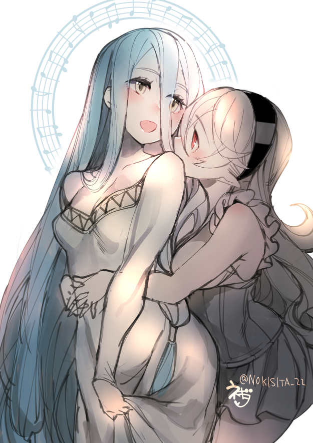 2girls, azura_(fire_emblem), bare_shoulders, blue_hair, blush, breasts, cleavage, cousins
