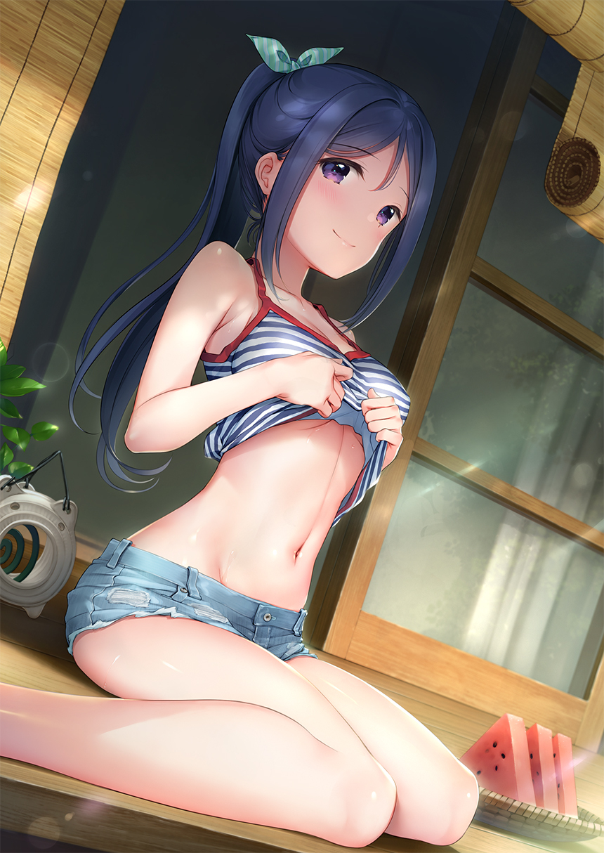 1girl, aqua_bow, bare_shoulders, black_hair, blue_hair, blush, bow, breasts