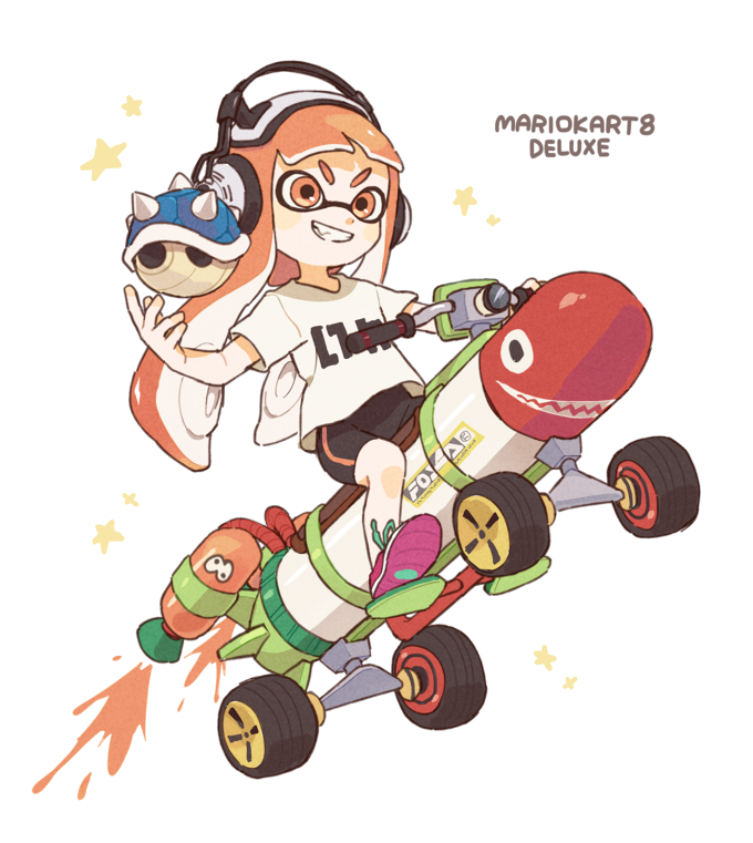 1girl, bad_id, bad_twitter_id, bike_shorts, black_shorts, blunt_bangs, copyright_name, driving, female_focus, full_body, gomi_(kaiwaresan44), grin, headphones, holding, inkling, inkling_(language), inkling_girl, inkling_player_character, inkstrike_(splatoon), jet_engine, long_hair, mario_(series), mario_kart, mario_kart_64, mario_kart_8, motor_vehicle, nintendo, orange_eyes, orange_hair, pointy_ears, print_shirt, purple_shoes, riding, shirt, shoes, short_sleeves, shorts, single_vertical_stripe, sitting, smile, sneakers, solo, spiked_shell, spikes, splatoon_(series), star_(symbol), t-shirt, tentacle_hair, white_shirt