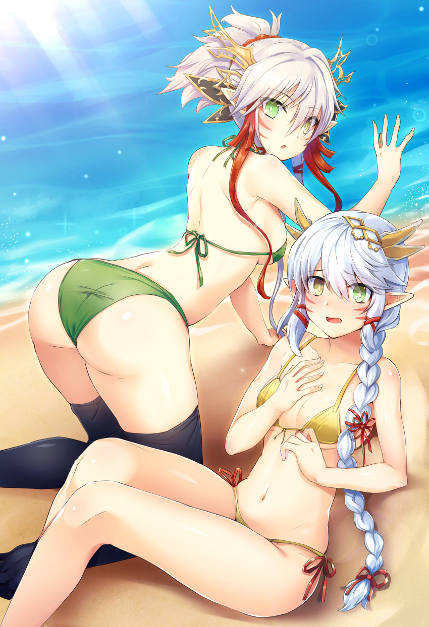 2girls, :o, absurdres, all_fours, arched_back, ass, bare_arms, bare_legs, bare_shoulders, beach, bikini, black_legwear, blue_hair, blush, braid, breasts, cleavage, collarbone, commentary_request, day, embarrassed, eyes_visible_through_hair, facial_mark, fang, fingernails, flower_knot, from_above, front-tie_bikini_top, front-tie_top, green_bikini, green_eyes, hair_between_eyes, hair_ornament, hair_ribbon, hair_scrunchie, halterneck, hand_on_own_chest, hand_up, headgear, heterochromia, highres, kaede_(p&amp;d), knees_up, light_blue_hair, light_rays, long_hair, looking_at_viewer, looking_back, medium_breasts, momiji_(p&amp;d), multicolored_hair, multiple_girls, navel, ocean, on_ground, open_mouth, outdoors, pointy_ears, ponytail, puzzle_&amp;_dragons, red_ribbon, red_scrunchie, ribbon, samoore, scrunchie, shadow, shiny_skin, short_hair_with_long_locks, short_ponytail, side-tie_bikini_bottom, side_braid, sidelocks, silver_hair, single_braid, sitting, small_breasts, sparkle, stomach, string_bikini, sunlight, swimsuit, thighhighs, tress_ribbon, tsurime, two-tone_hair, whisker_markings, yellow_bikini, yellow_eyes