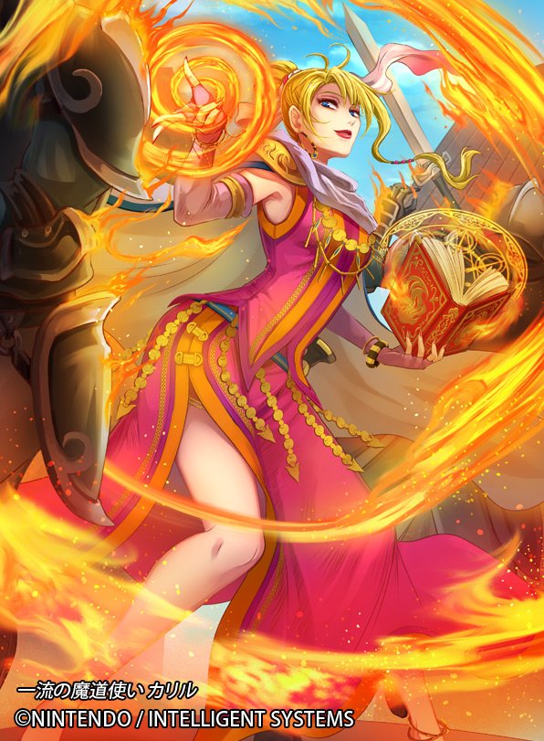 1girl, blonde_hair, blue_eyes, book, calill_(fire_emblem), company_name, earrings, faceless