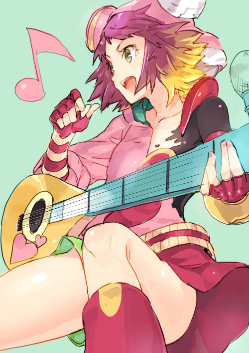 1girl, blue_background, capcom, female_focus, fingerless_gloves, gloves, green_eyes, guitar