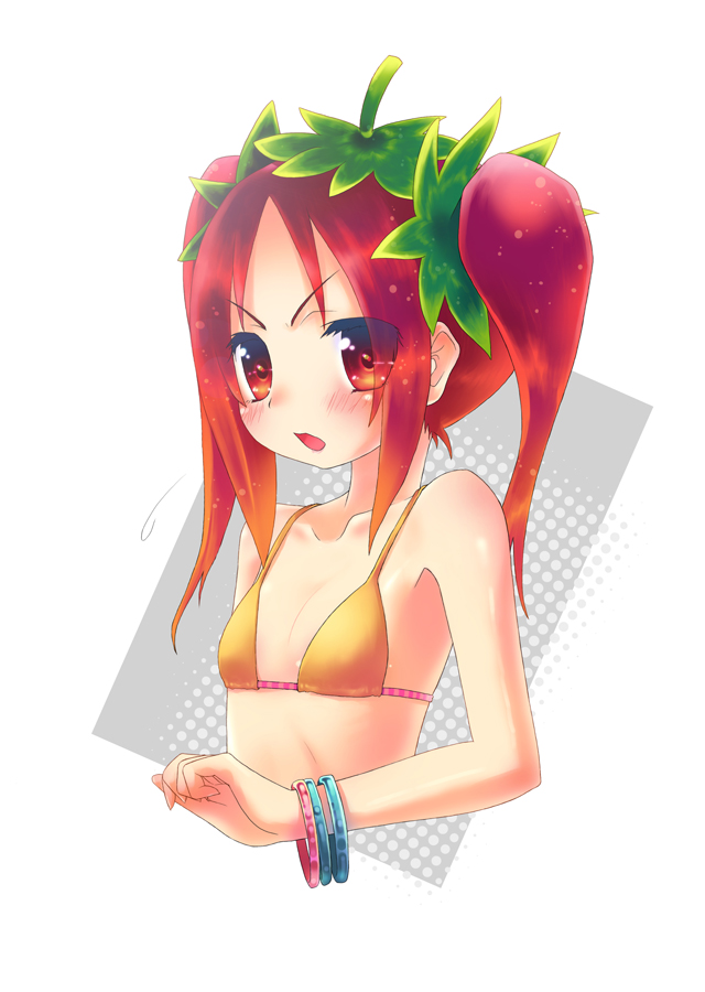 1girl, bikini, blush, bracelet, female_focus, flat_chest, food_girls, frown, ichigo-san, jewelry, kuromaru9, original, red_eyes, red_hair, solo, strawberry-chan, swimsuit, twintails, yellow_bikini