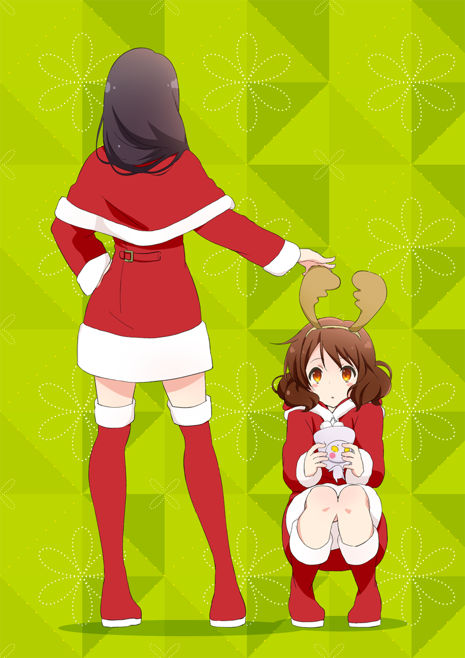 2girls, antlers, black_hair, blush_stickers, boots, brown_eyes, brown_hair, capelet