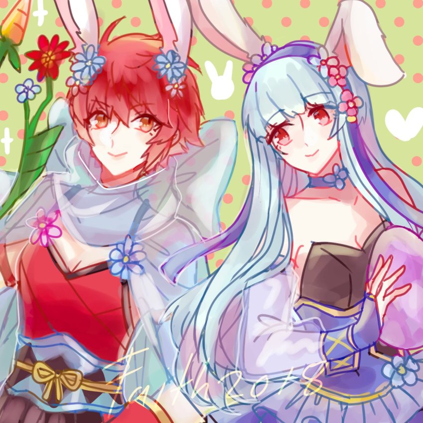 2girls, animal_ears, blue_hair, blush, bunny_girl, detached_collar, egg, faithoala