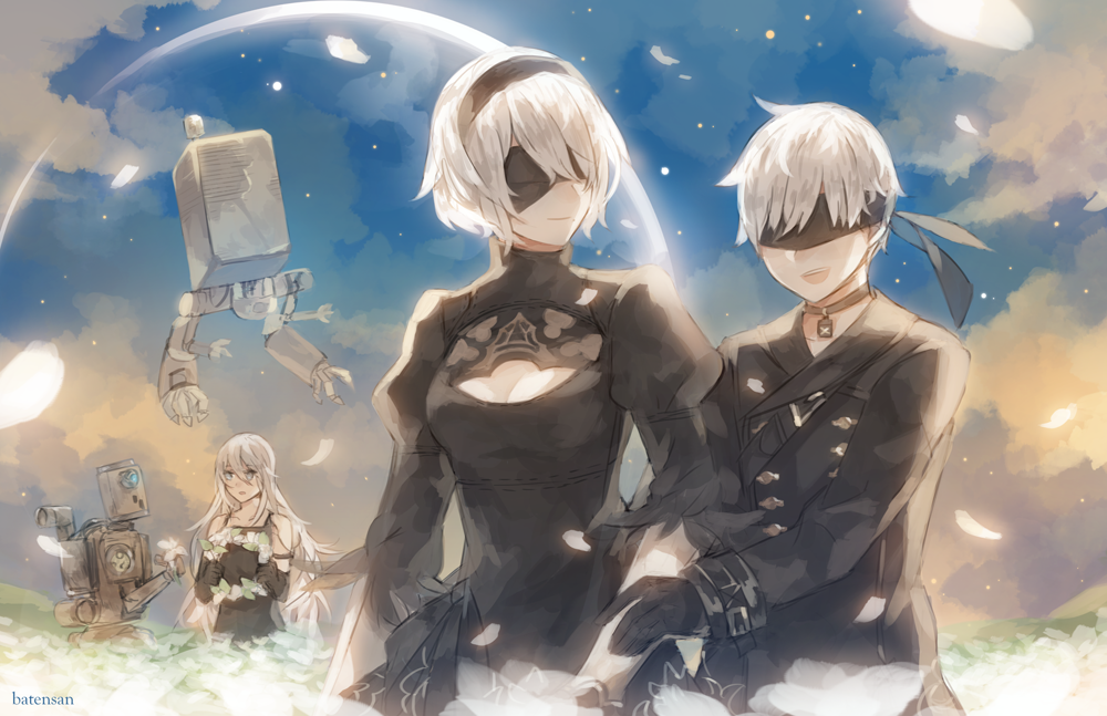 1boy, 2girls, android, artist_name, bare_shoulders, batensan, black_dress, black_gloves, black_hairband, black_jacket, blindfold, blue_eyes, breasts, choker, cleavage, cleavage_cutout, clothing_cutout, cloud, dress, flower, gloves, hairband, jacket, juliet_sleeves, long_hair, long_sleeves, looking_at_another, medium_breasts, mole, mole_under_mouth, multiple_girls, nier:automata, nier_(series), open_mouth, pascal_(nier:automata), patterned_clothing, petals, planet, pod_(nier:automata), puffy_sleeves, short_hair, silver_hair, sky, smile, upper_body, 2b_(nier:automata), 9s_(nier:automata), a2_(nier:automata)