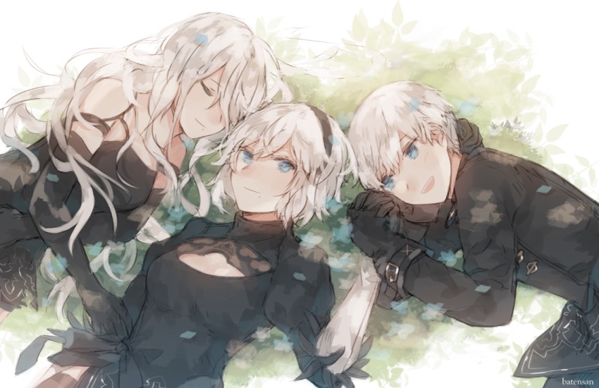 1boy, 2girls, android, artist_name, bare_shoulders, batensan, black_dress, black_gloves