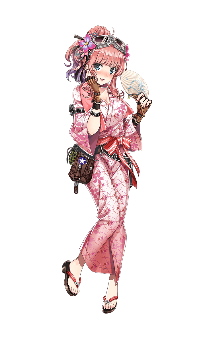 1girl, aono_shimo, blue_eyes, blunt_bangs, breasts, brown_gloves, explosive, female_focus, flower, formation_girls, full_body, geta, gloves, goggles, goggles_on_head, grenade, hair_flower, hair_ornament, hand_fan, hand_on_own_cheek, hand_on_own_face, high_ponytail, highres, holding, holding_fan, ivy_pepper, japanese_clothes, kimono, large_breasts, looking_at_viewer, official_art, paper_fan, partially_fingerless_gloves, pink_hair, pink_kimono, ponytail, solo, transparent_background, uchiwa, yukata